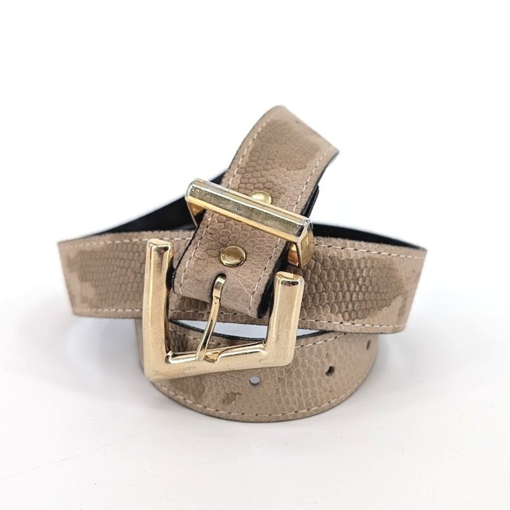 Tan Faux‎ Snakeskin Belt Gold Angular Buckle Camo Print Textured Strap 35in